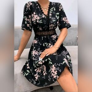Black Dress with Floral And Lace Accents
